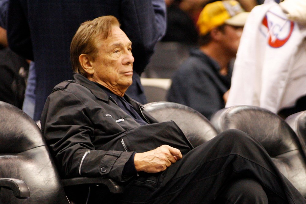Los Angeles Clippers owner Donald Sterling sits court side at the NBA basketball game between the New York Knicks and the Los Angeles Clippers in Los Angeles, April 4, 2010.