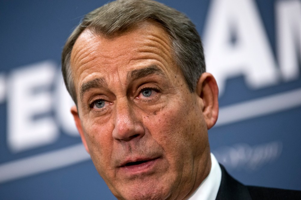 Speaker of the House John Boehner, R-Ohio, joined by the Republican leadership speaks to reporters about the fiscal cliff negotiations with President Obama following a closed-door strategy session, at the Capitol in Washington, Tuesday, Dec. 18, 2012. ...