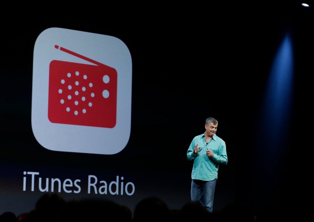 Eddy Cue the Apple senior vice president of Internet Software and Services introduces the new iTunes Radio during the keynote address of the Apple Worldwide Developers Conference Monday, June 10, 2013 in San Francisco. (AP Photo/Eric Risberg)