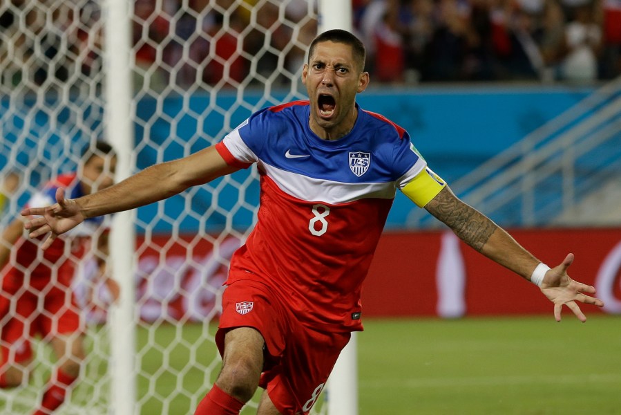 United States' Clint Dempsey celebrates after scoring the opening goal during the group G World Cup soccer match between Ghana and the United States at the Arena das Dunas in Natal, Brazil, June 16, 2014.