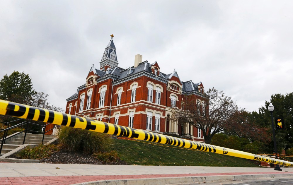 Police lines are established outside the Nodaway County Court House in preparation for a "Justice for Daisy" rally in Maryville, Mo., Tuesday, Oct. 22, 2013.