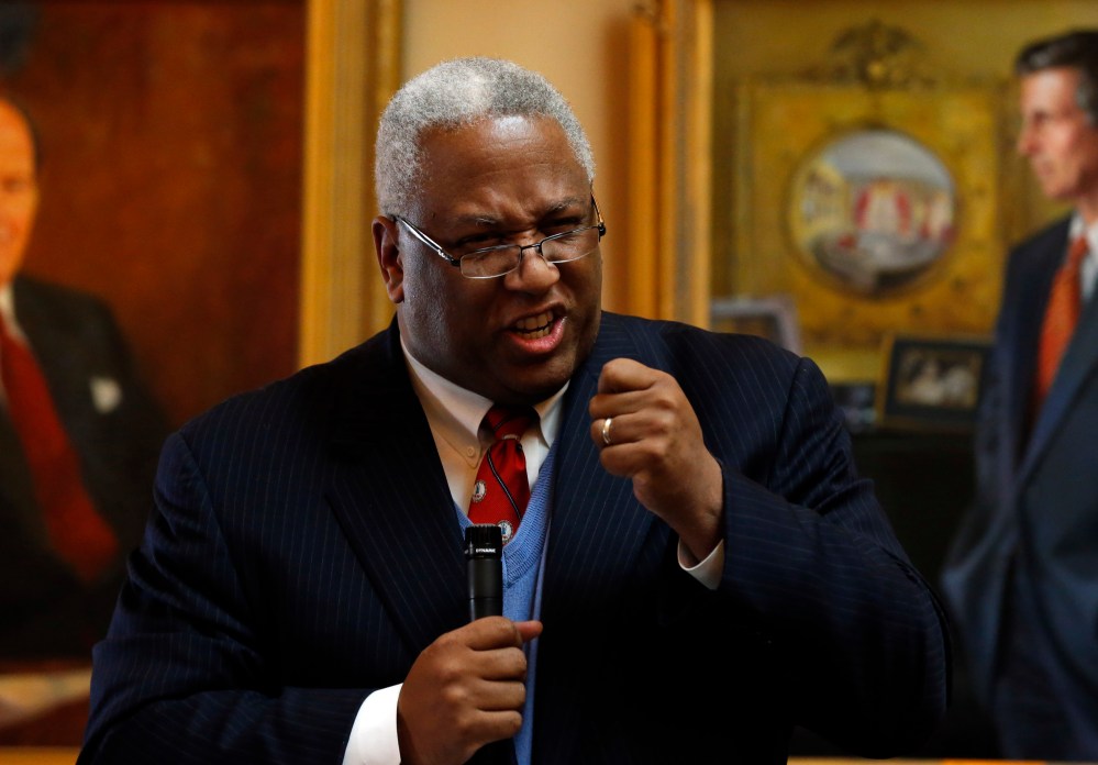 Sen. A. Donald McEachin, D-Henrico, angrily accused the Republican members of the Senate of "plantation politics"  Tuesday Jan. 22, 2013 in Richmond, Va., regarding the vote Monday on a redistricting plan passed in the Senate in Richmond. (AP Photo...
