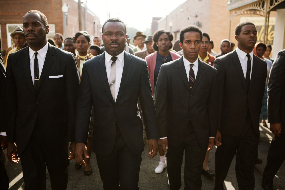 A photo released by Paramount Pictures shows, from left, foreground: Colman Domingo as Ralph Abernathy, David Oyelowo as Dr. Martin Luther King, Jr., Andre Holland as Andrew Young, and Stephan James as John Lewis in a scene from the film, "Selma."
