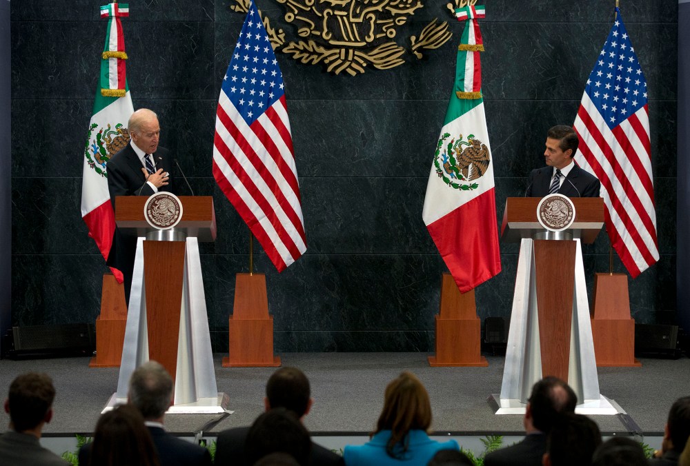Vice President Joe Biden tells Mexican President Enrique Pena Nieto that U.S. campaign rhetoric about Mexico and immigrants does not represent the view of most Americans, in Mexico City, Feb. 25, 2016. (Photo by Rebecca Blackwell/AP)