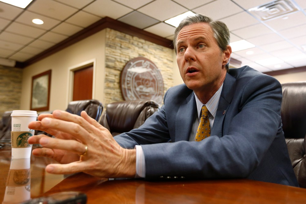 Liberty University president, Jerry Falwell Jr., gestures during an interview at the school in Lynchburg, Va., April 21, 2015. (Photo by Steve Helber/AP)