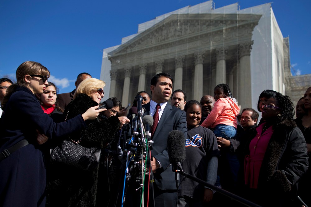 Debo Adegbile, special counsel, NAACP Legal Defense Fund, speaks with reporters outside the Supreme Court in Washington, D.C. on Feb. 27, 2013, after arguments in the Shelby County, Ala., v. Holder voting rights case.
