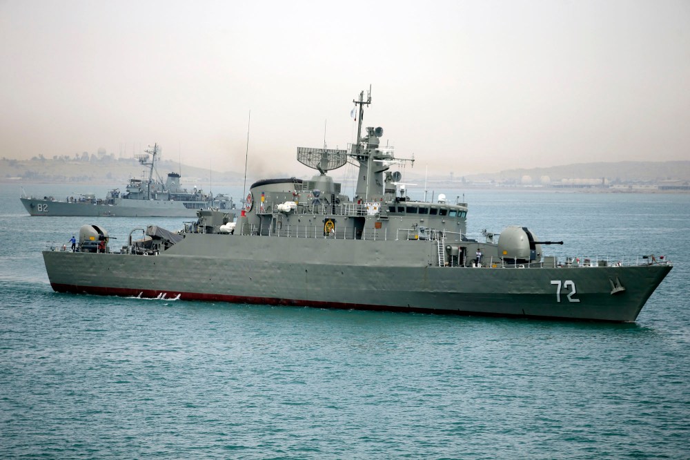 Iranian warship Alborz leaves Iran's waters. Iran dispatched two vessels to waters near Yemen as the US quickened weapons supply to the Saudi-led coalition striking rebels there, April 7, 2015. (Photo by Mahdi Marizad/Fars News Agency/AP)