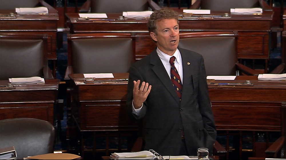Sen. Rand Paul, R-Ky., and a Republican presidential contender, speaks on the floor of the U.S. Senate, May 20, 2015, at the Capitol in Washington, during a long speech opposing renewal of the Patriot Act. (Photo by Senate TV/AP)