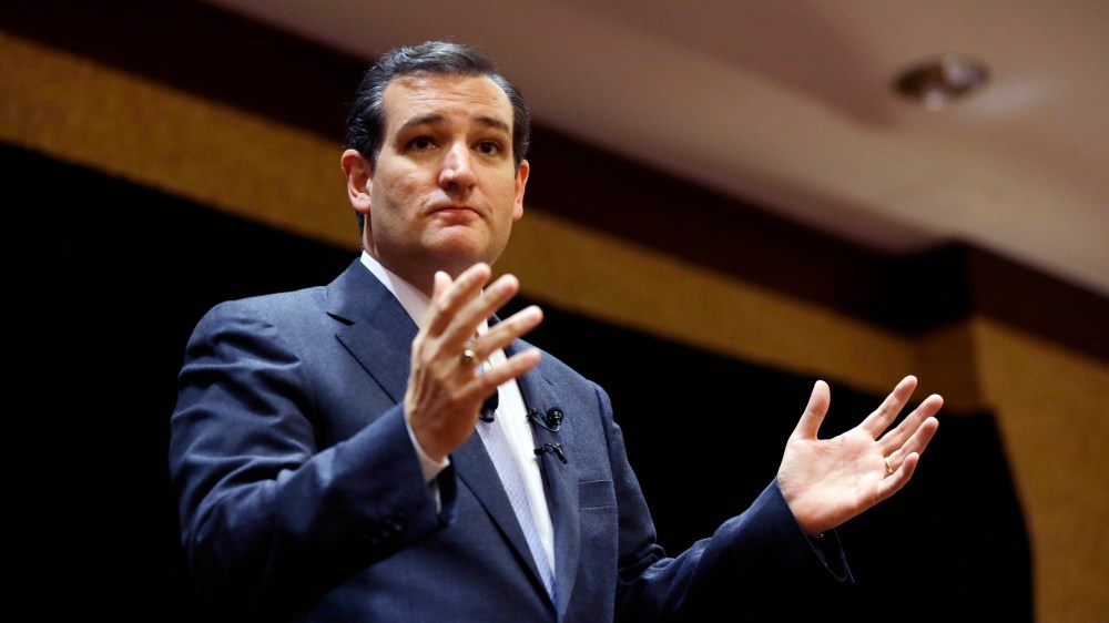 Sen. Ted Cruz speaks at the Network of Iowa Christian Home Educatorsâ state Capitol day event in Des Moines, Iowa on March 18, 2014. (Charlie Neibergall/AP)
