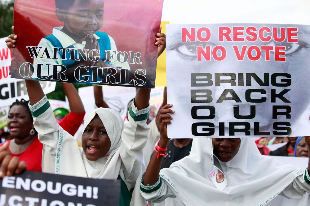 Women attend a demonstration calling on government to rescue kidnapped school girls of a government secondary school Chibok, in Lagos, Nigeria, May. 5, 2014.