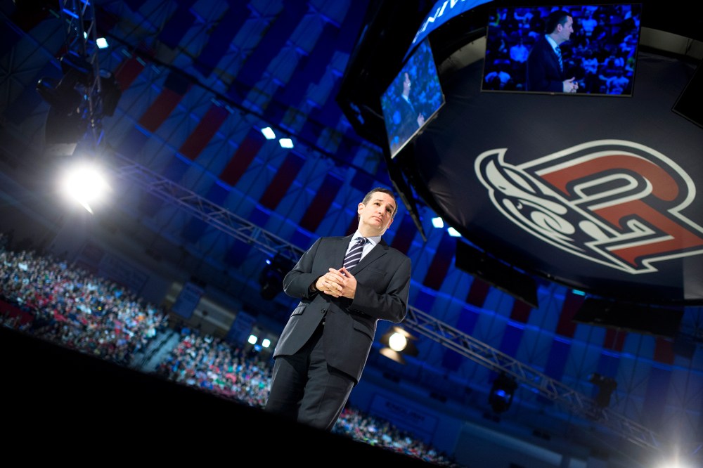Sen. Ted Cruz, R-Texas, speaks at Liberty University's Vines Center in Lynchburg, Va., where he announced his candidacy for President of the United States, March 23, 2015. (Photo By Tom Williams/CQ Roll Call/AP)