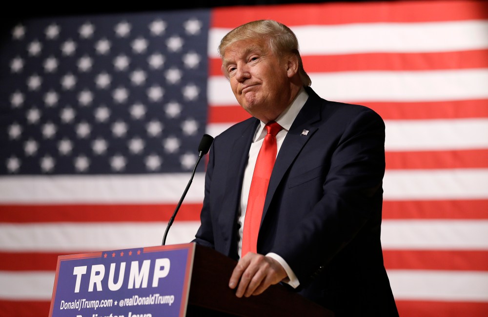 Republican presidential candidate Donald Trump speaks during a campaign stop at the Burlington Memorial Auditorium, Oct. 21, 2015, in Burlington, Ia. (Photo by Charlie Neibergall/AP)