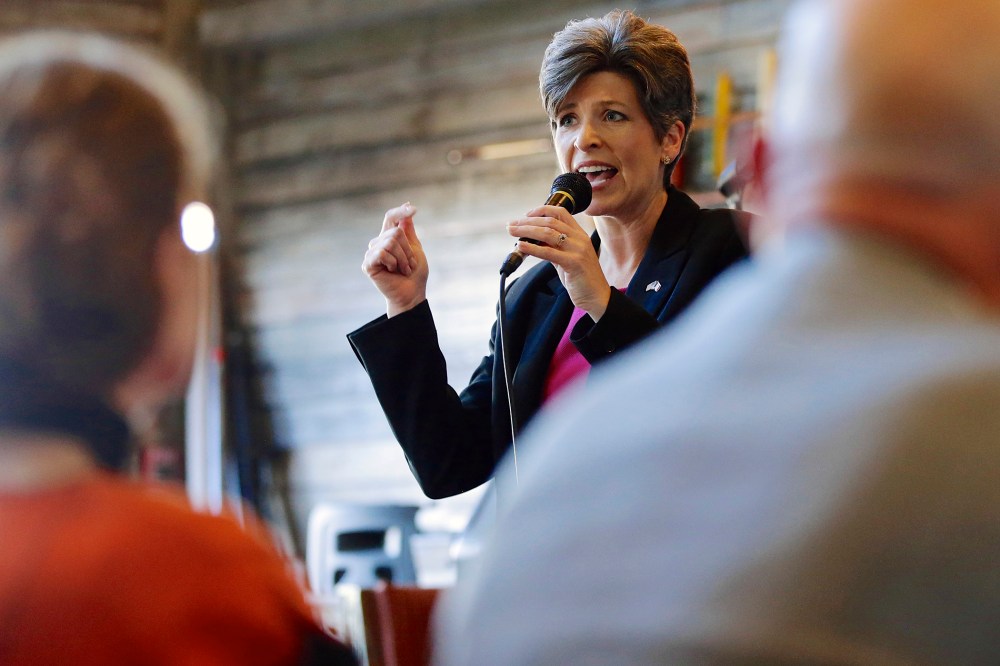 Republican Senate candidate Joni Ernst speaks to supporters during a campaign stop in Council Bluffs, Iowa, Oct. 31, 2014. (Photo by Nati Harnik/AP)