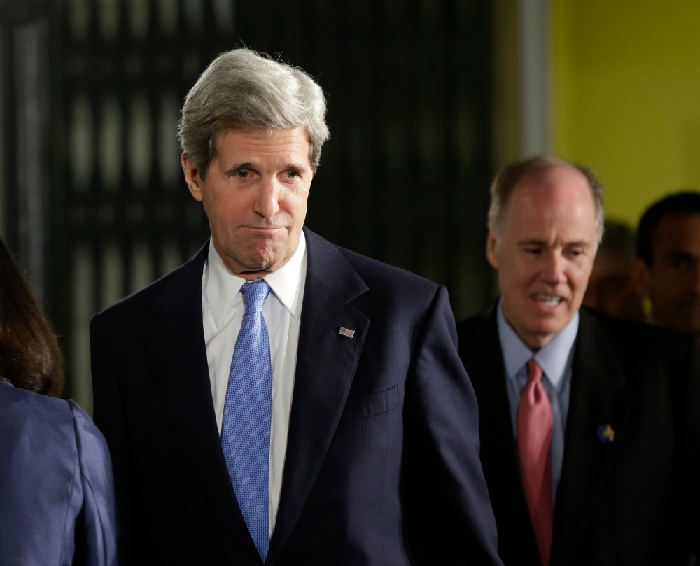 Secretary of State John Kerry, left, followed by National Security Advisor Tom Donilon, arrives for the joint news conference between President Barack Obama and Israeli Prime Minister Benjamin Netanyahu in Jerusalem, Israel,Wednesday, March 20, 2013. ...