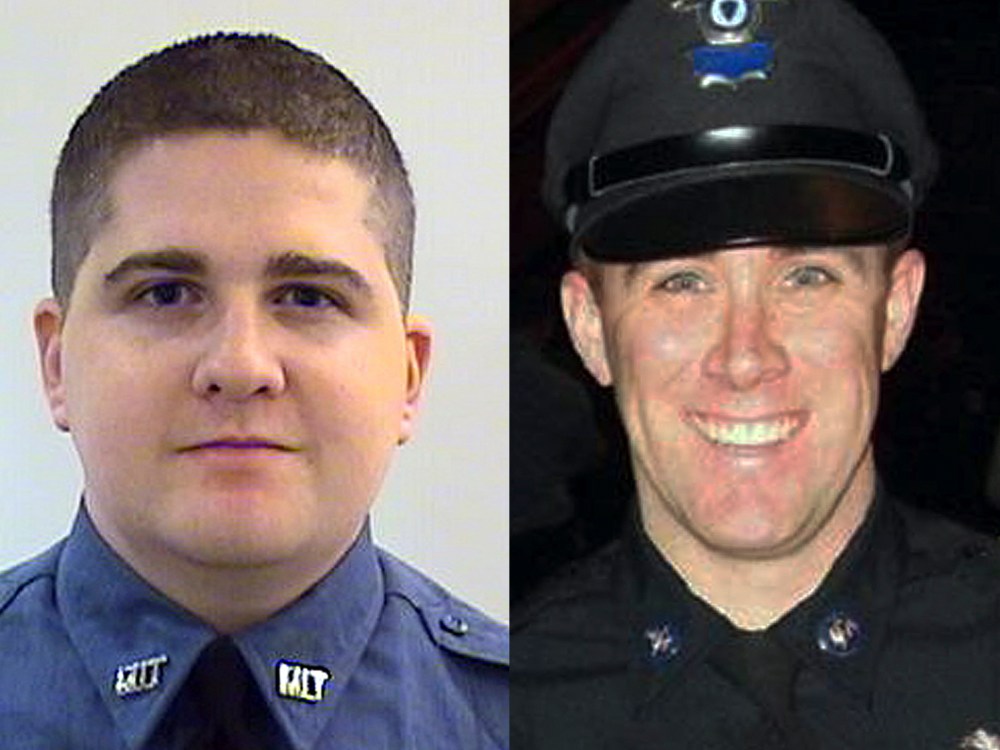 The digital composite shows: (L) This undated photo provided by the Middlesex District Attorney's Office shows MIT Police Officer Sean Collier, 26, of Somerville, Mass.,. (Photo by AP Photo/Middlesex District Attorney's Office) (R) This undated photo...