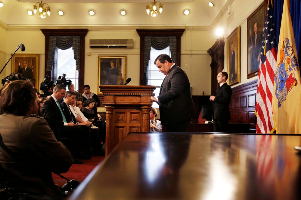 New Jersey Gov. Chris Christie pauses before he answers a question during a news conference about the lane closures near the George Washington Bridge, March 28, 2014, in Trenton, N.J.
