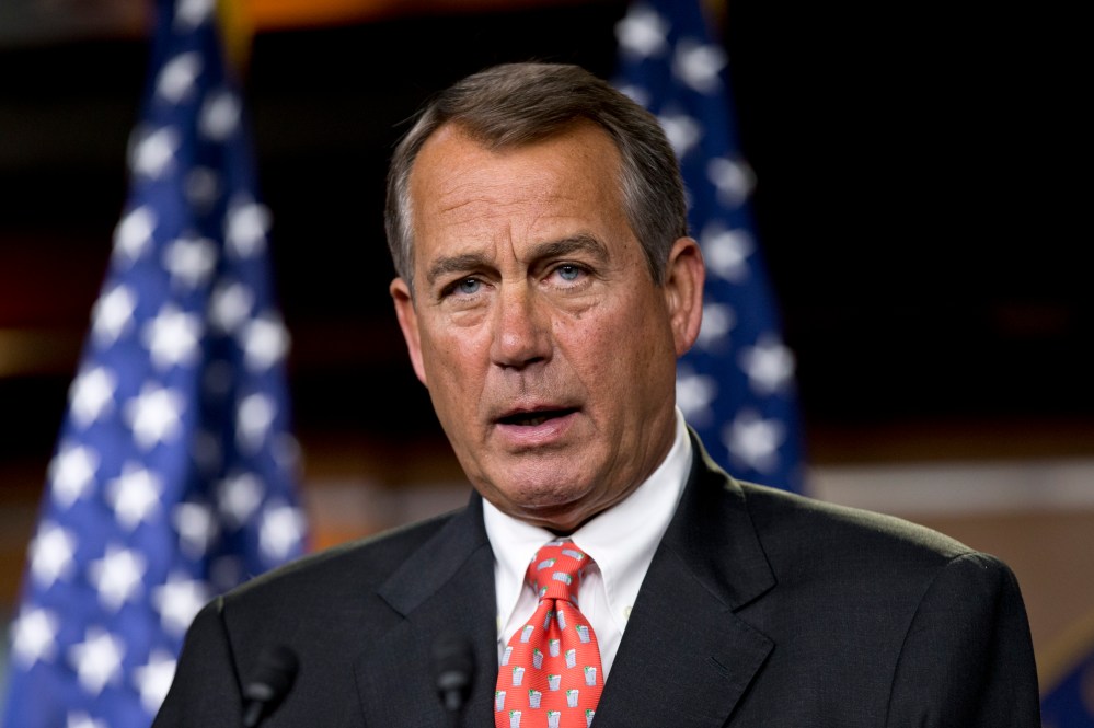 Speaker of the House John Boehner, R-Ohio, talks to reporters after private discussions with Treasury Secretary Timothy Geithner on the fiscal cliff negotiations, at the Capitol in Washington, Thursday, Nov. 29, 2012. "No substantive progress has been...