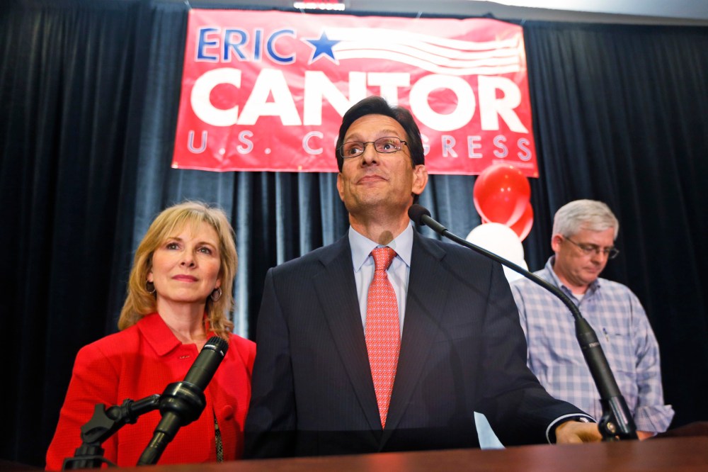 House Majority Leader Eric Cantor, R-Va., delivers his concession speech as his wife, Diana, listens in Richmond, Va., Tuesday, June 10, 2014.