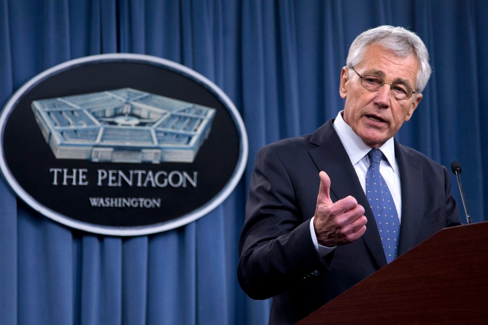 Defense Secretary Chuck Hagel briefs reporters, Feb. 24, 2014, at the Pentagon.