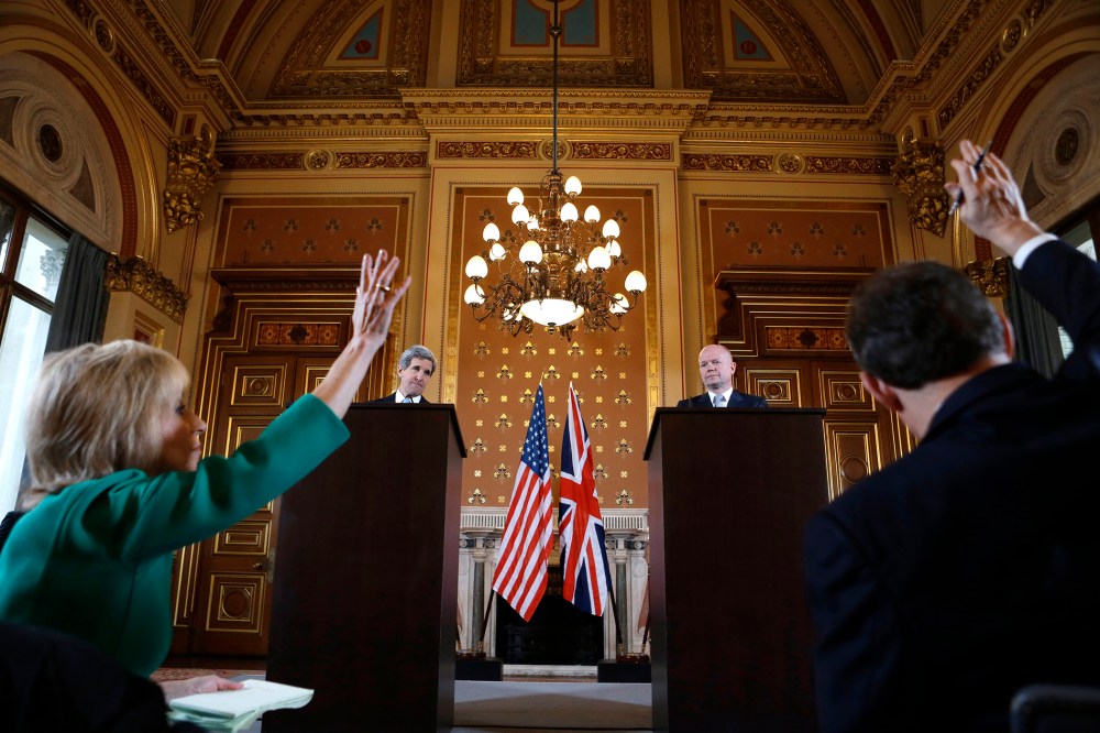 Andrea Mitchell asks a question as U.S. Secretary of State John Kerry holds a news conference at the Foreign and Commonwealth Office in London, Feb. 25, 2013.