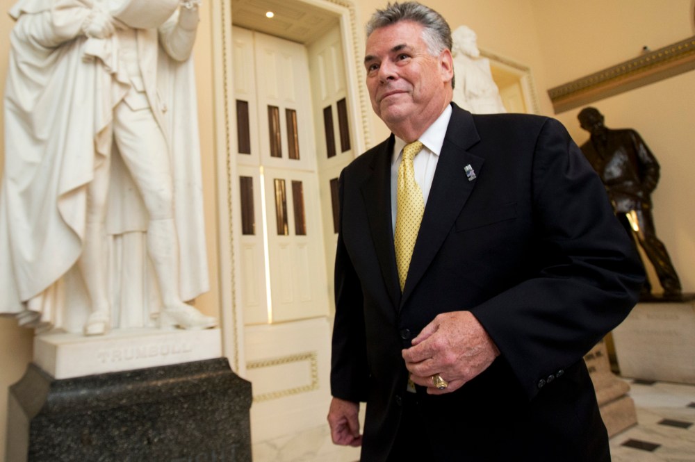 Rep. Peter King, R-N.Y., walks towards the House Chamber on Capitol Hill, in Washington, Sept. 30, 2013.
