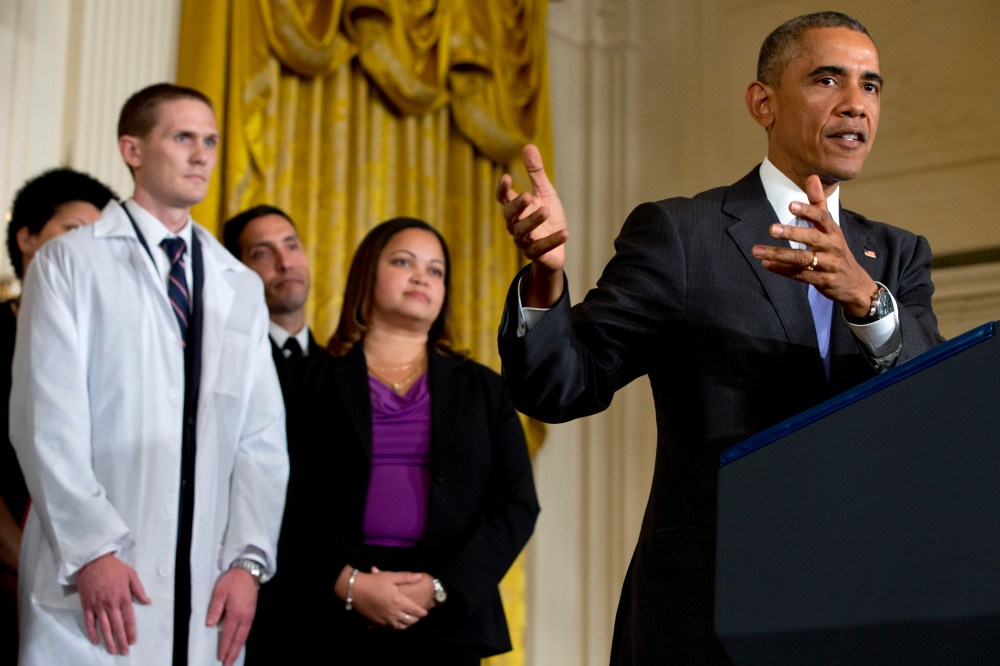 President Barack Obama speaks at an event with American health care workers fighting Ebola, Oct. 29, 2014. (Jacquelyn Martin/AP)