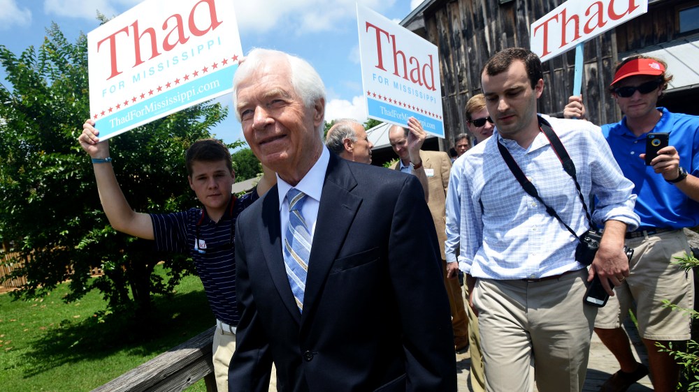 U.S. Sen. Thad Cochran, R-Mississippi, leaves a pre-election day rally at the Mississippi Agriculture and Forestry Museum in Jackson, Miss., June 2, 2014.