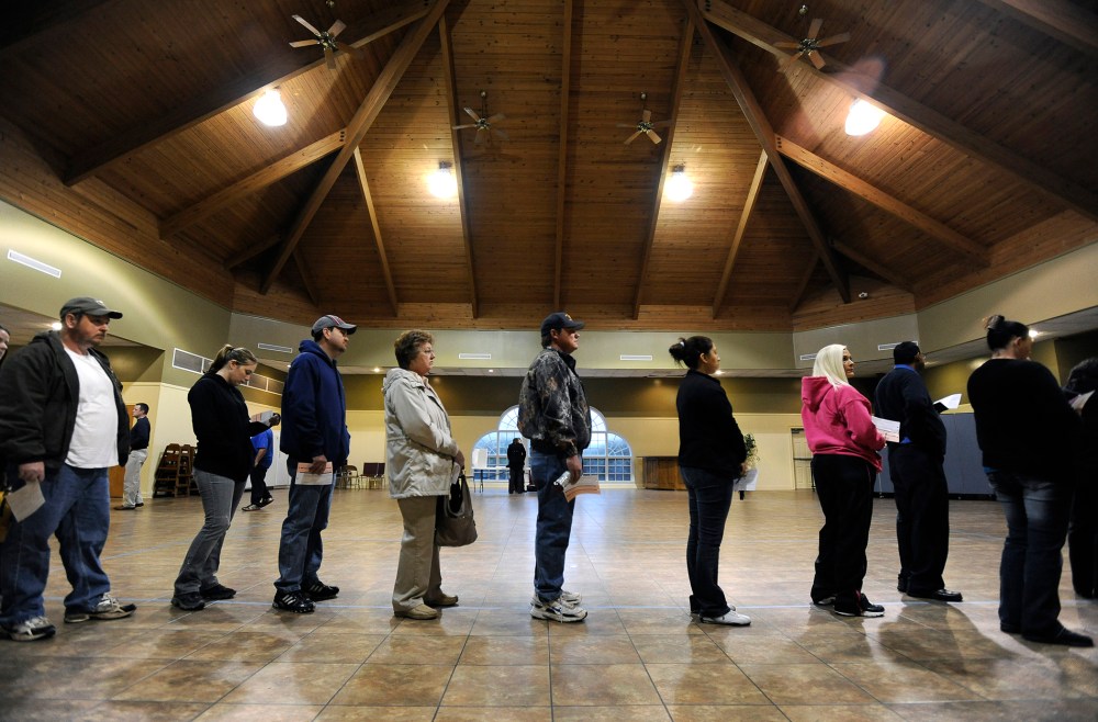 Voters line up to cast ballots in the general election, Nov. 6, 2012, in Bethlehem, Ga.