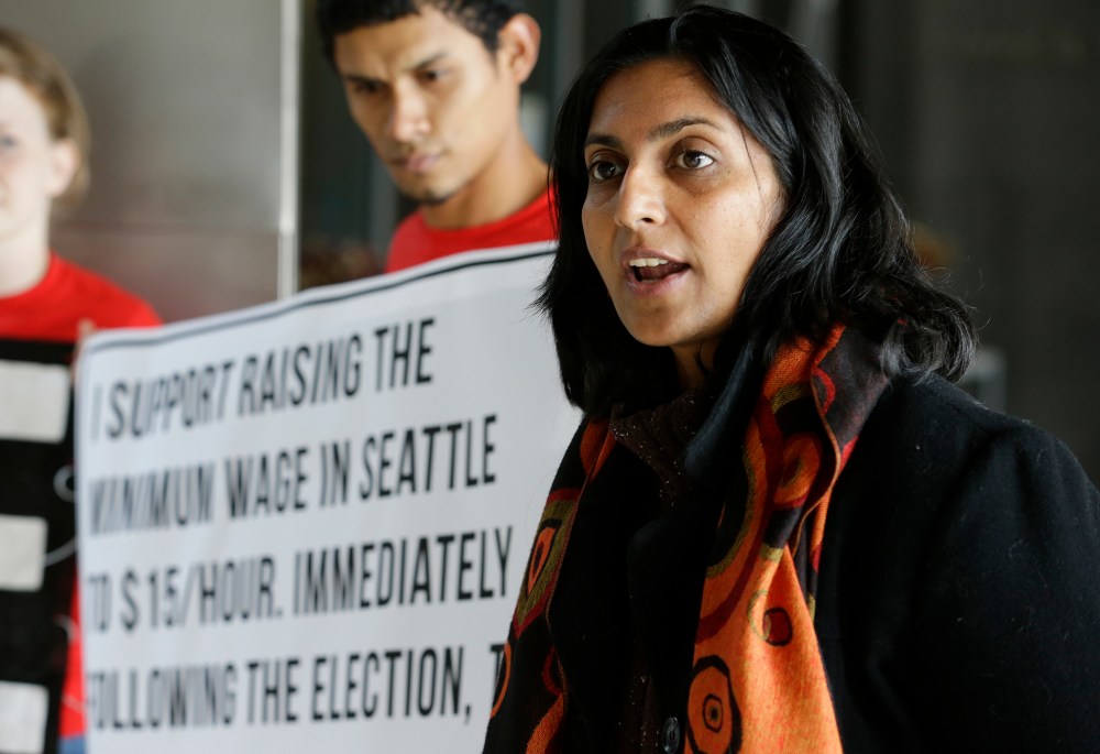 Socialist candidate for Seattle City Council Kshama Sawant speaks outside City Council chambers in Seattle on Nov. 4, 2013.