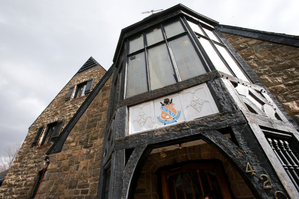 This is the front of the Penn State University Kappa Delta Rho fraternity house in State College, Pa. on Mar. 17, 2015. (Photo by Gene J. Puskar/AP)
