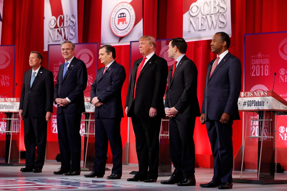 Republican presidential candidates take the stage before the CBS News Republican presidential debate at the Peace Center, Feb. 13, 2016, in Greenville, S.C. (Photo by John Bazemore/AP)