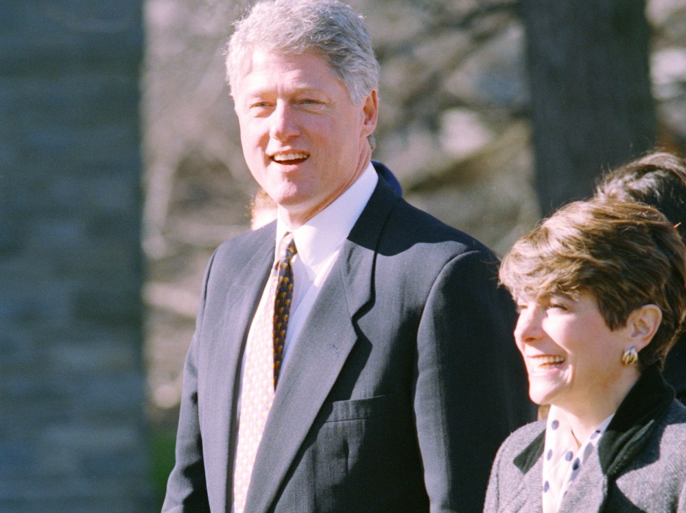 File Photo: U.S. Rep. Marjorie Margolies-Mezvinsky, D-Pa., right, walks with U.S. President Bill Clinton after a conference on the skyrocketing cost of government entitlement programs, at Bryn Mawr College in Bryn Mawr, Pa., Monday, Dec. 13, 1993. ...