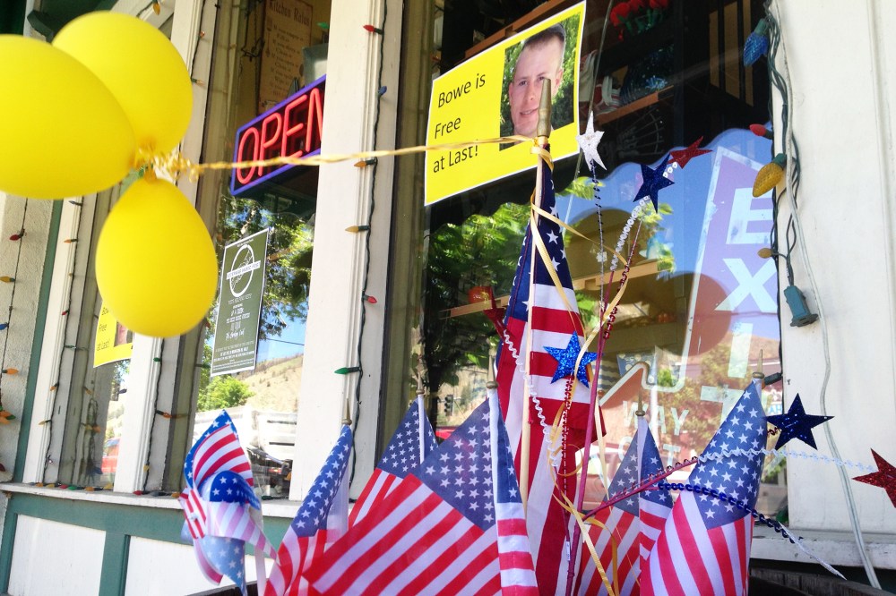 Flags and balloons marking the release from captivity of Sgt. Bowe Bergdahl adorn the sidewalk outside a shop in the soldier's hometown of Hailey, Idaho, June 4, 2014.