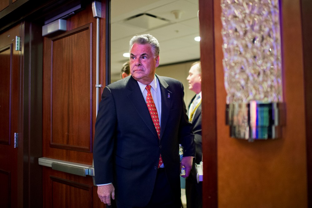 Rep. Peter King, R-N.Y., arrives to speak during the International Association of Fire Fighters Presidential Forum at the Hyatt Regency on Capitol Hill, March 10, 2015. (Photo By Tom Williams/CQ Roll Call/AP)
