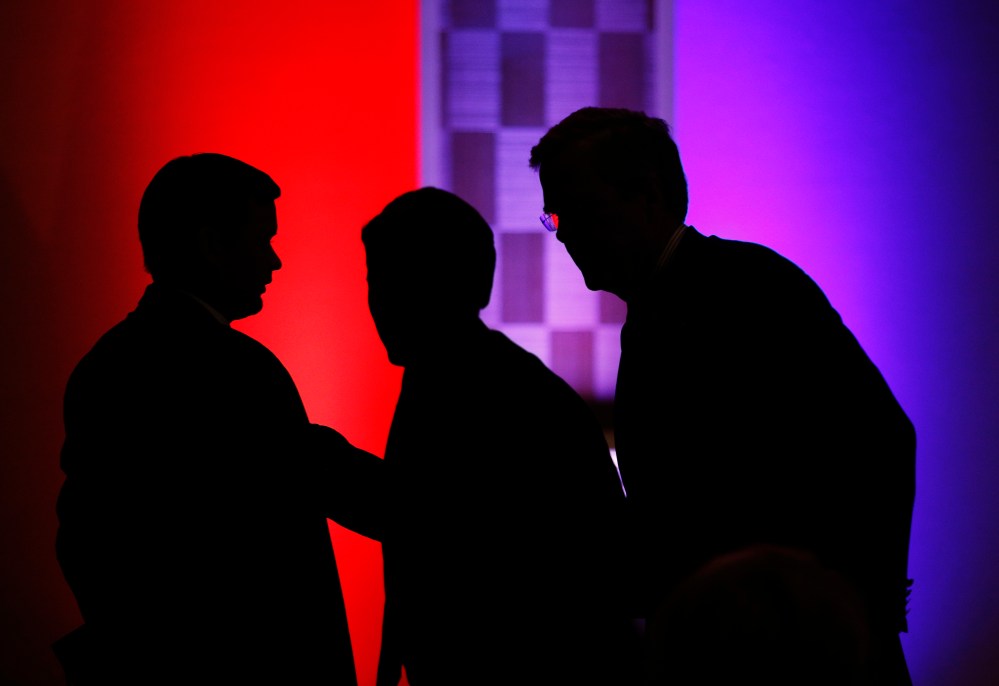 Former Florida Gov. Jeb Bush, right, attends a Clark County Republican Party dinner, May 13, 2015, in Las Vegas. (Photo by John Locher/AP)