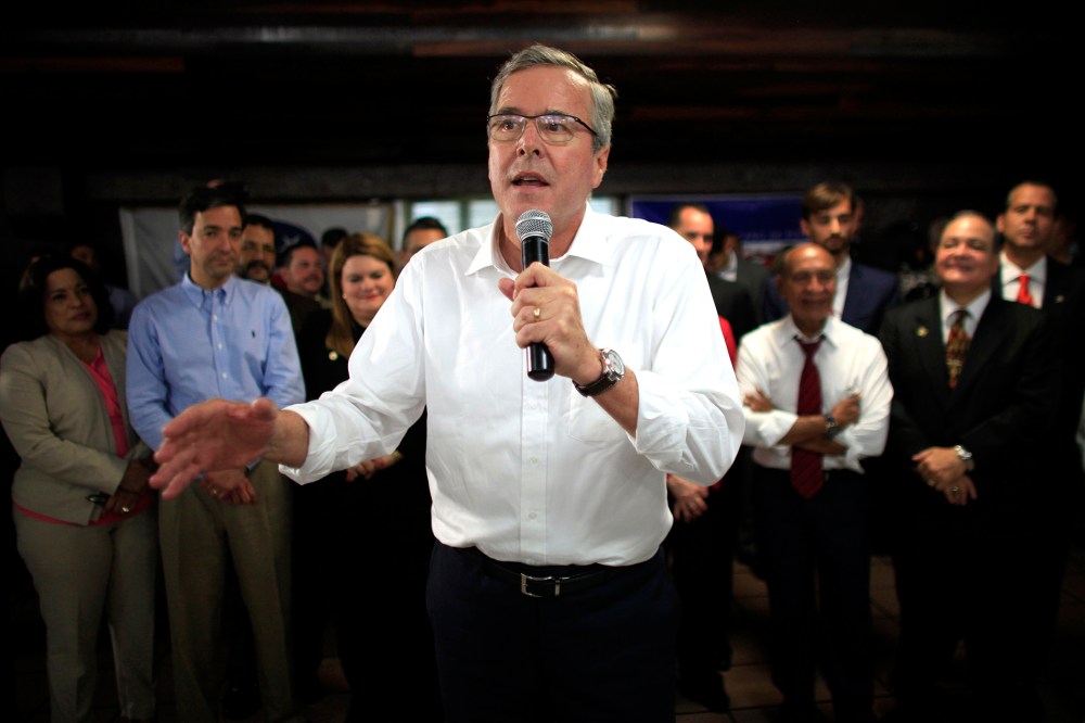 In this April 28, 2015 file photo, former Florida Gov. Jeb Bush speaks during a town hall meeting in Bayamon, Puerto Rico. (Photo by Ricardo Arduengo/AP)