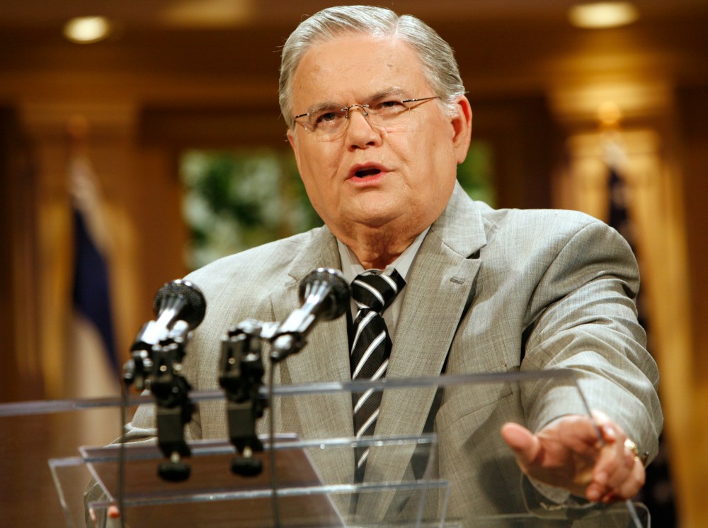 The Rev. John Hagee speaks during a news conference held at the Cornerstone Church in San Antonio on Friday, May 23, 2008.