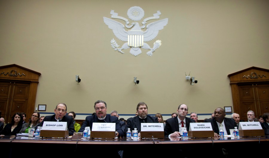 A panel of male religious officials testify on Capitol Hill in Washington, Thursday, Feb. 16, 2012, before the House Oversight and Government Reform Committee hearing.