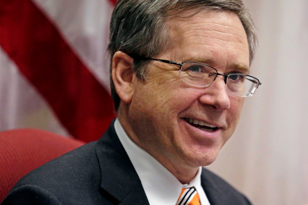 In this June 9, 2014 file photo, U.S. Sen. Mark Kirk R-Ill., speaks during an interview at his office in Chicago. (Photo by M. Spencer Green/AP)