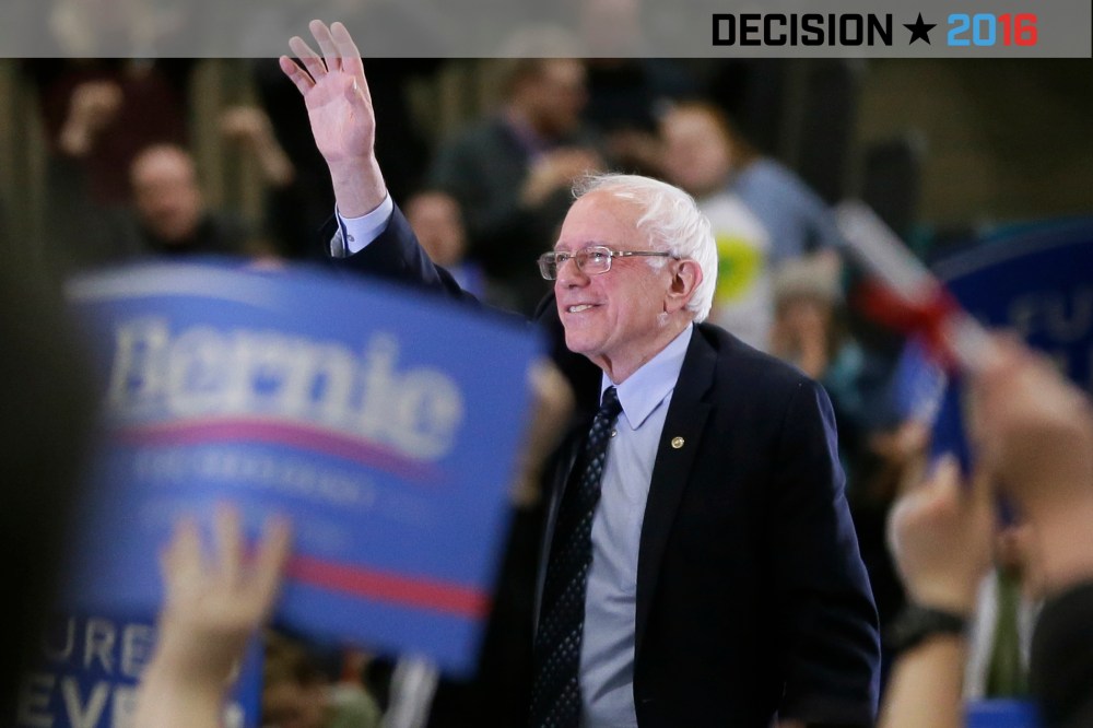 Democratic presidential candidate Sen. Bernie Sanders acknowledges the crowd after speaking at a rally at the Macomb Community College on March 5, 2016, in Warren, Mich. (Photo by Carlos Osorio/AP)