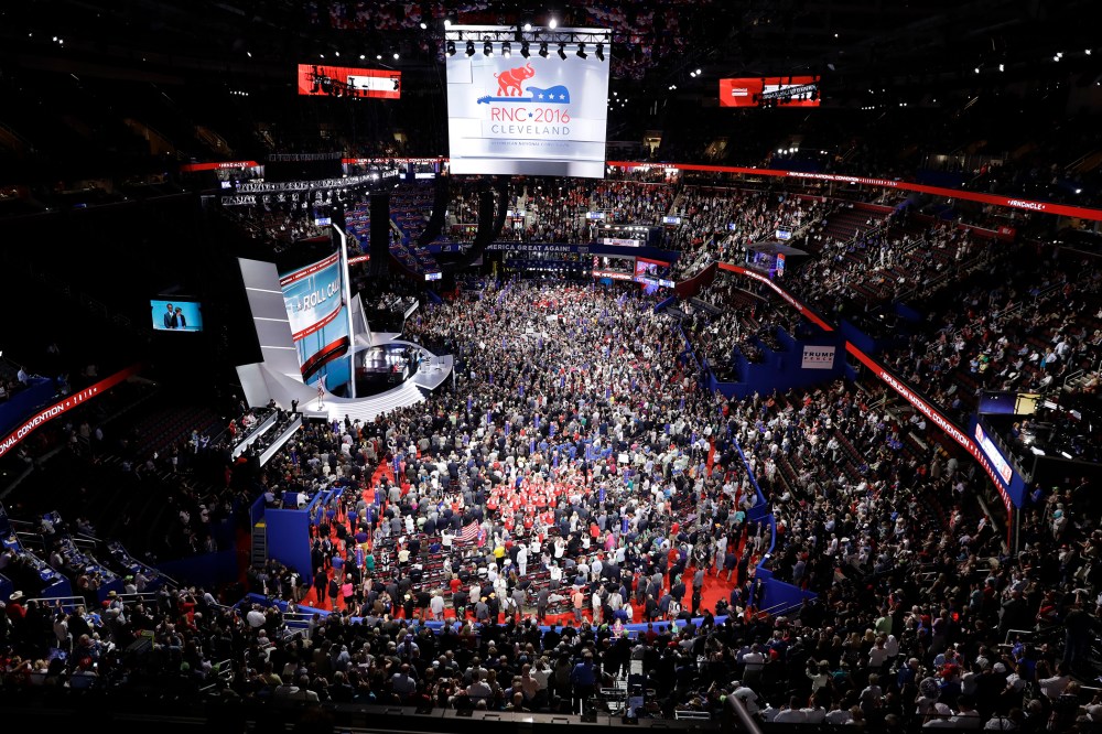Delegates fill the floor during the second day session of the Republican National Convention in Cleveland, July 19, 2016. (Photo by Matt Rourke/AP)