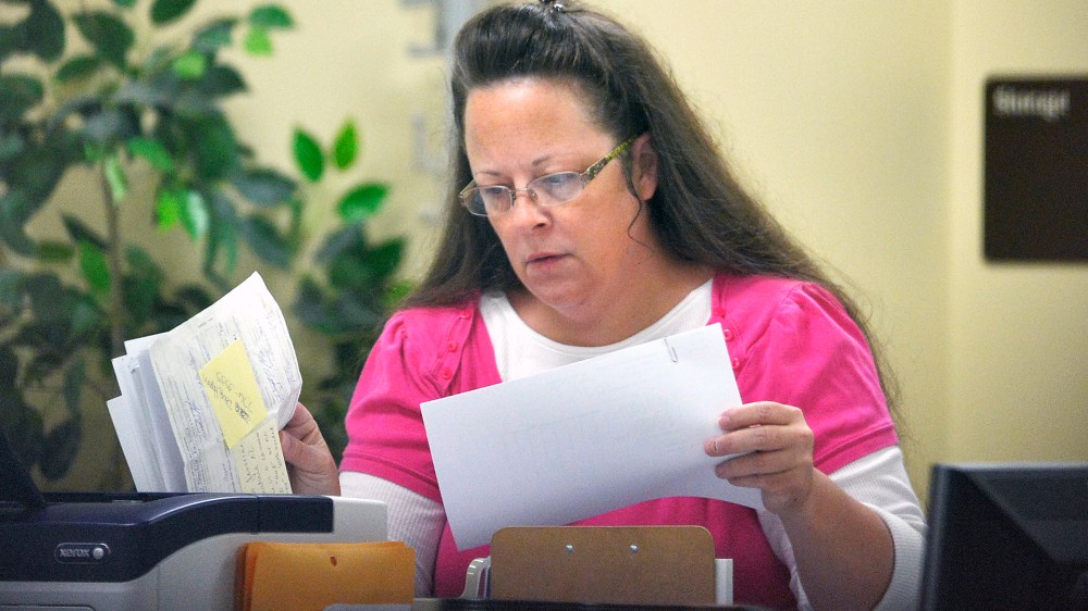 Former Rowan County Clerk Kim Davis at the Rowan County Courthouse in Morehead, Ky., Tuesday, Aug. 18, 2015. (Photo by Timothy D. Easley/AP)