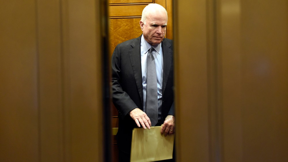 Senate Armed Services Committee Chairman Sen. John McCain, R-Ariz., gets on an elevator after being on the Senate floor on Capitol Hill in Washington, D.C., June 4, 2015. (Photo by Susan Walsh/AP)