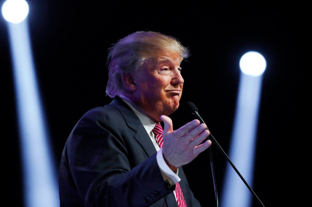 Republican presidential candidate Donald Trump speaks during a campaign stop, Feb. 15, 2016, in Greenville, S.C. (Photo by Paul Sancya/AP)