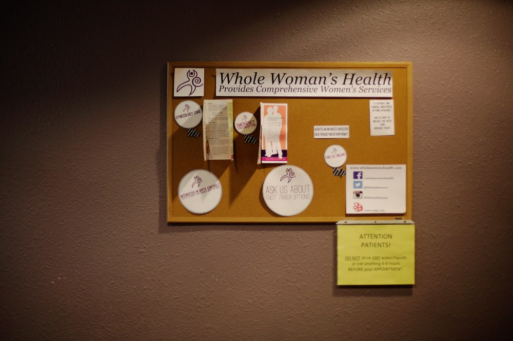 A cork board in the waiting room at Whole Woman's Health of San Antonio, Feb. 9, 2016, in San Antonio, Texas. (Photo by Eric Gay/AP)