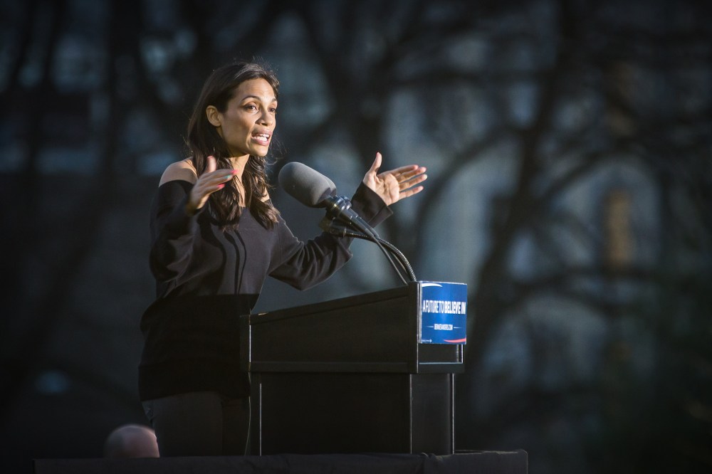 Rosario Dawson speaks onstage at a campaign event for Democratic presidential candidate Senator Bernie Sanders (D-VT) at Saint Mary's Park on March 31, 2016 in New York City. (Photo by Joe Russo/Sipa)