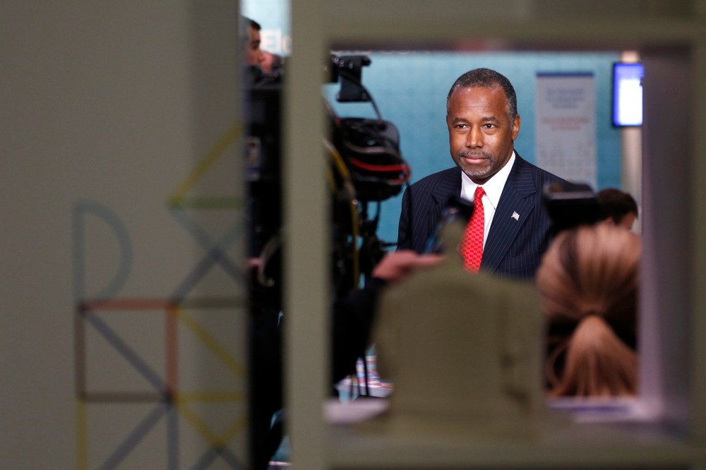 Republican presidential candidate Ben Carson prepares for a television interview in the press area before the CNN Republican presidential debate at the Venetian Hotel & Casino on Dec. 15, 2015, in Las Vegas, Nev. (Photo by John Locher/AP)