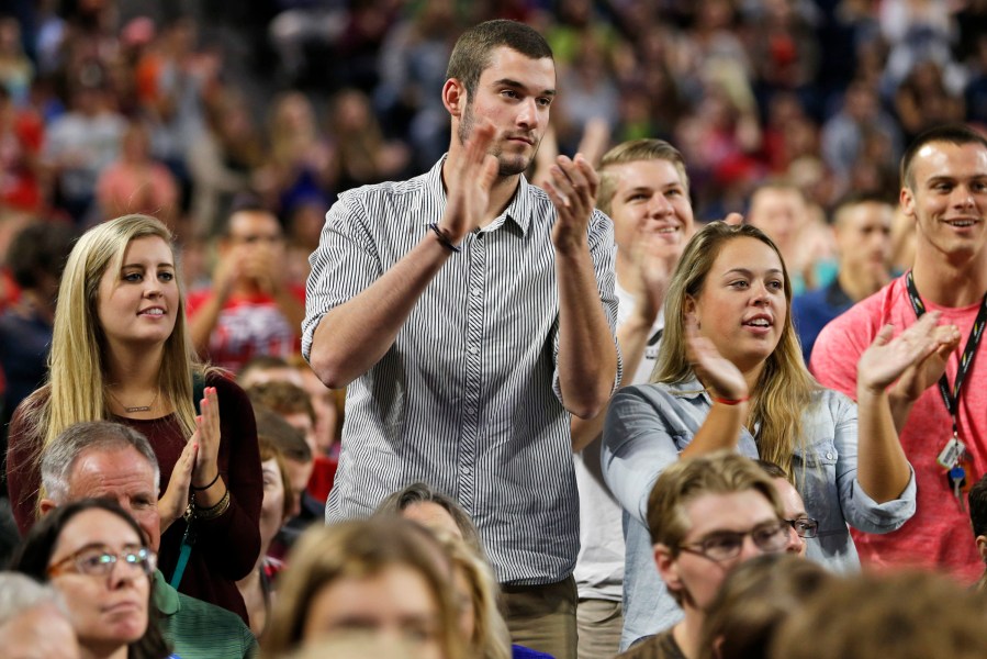 Liberty students applaud during a speech by Democratic presidential candidate, Sen. Bernie Sanders, I-Vt. at Liberty University in Lynchburg, Va., Monday, Sept. 14, 2015. (Photo by Steve Helber/AP)