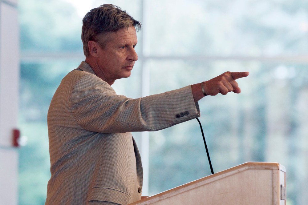 Gary Johnson addresses an audience of students and the public at Macalester College, Sept. 21, 2012 in St. Paul, Minn. (Photo by Jim Mone/AP)