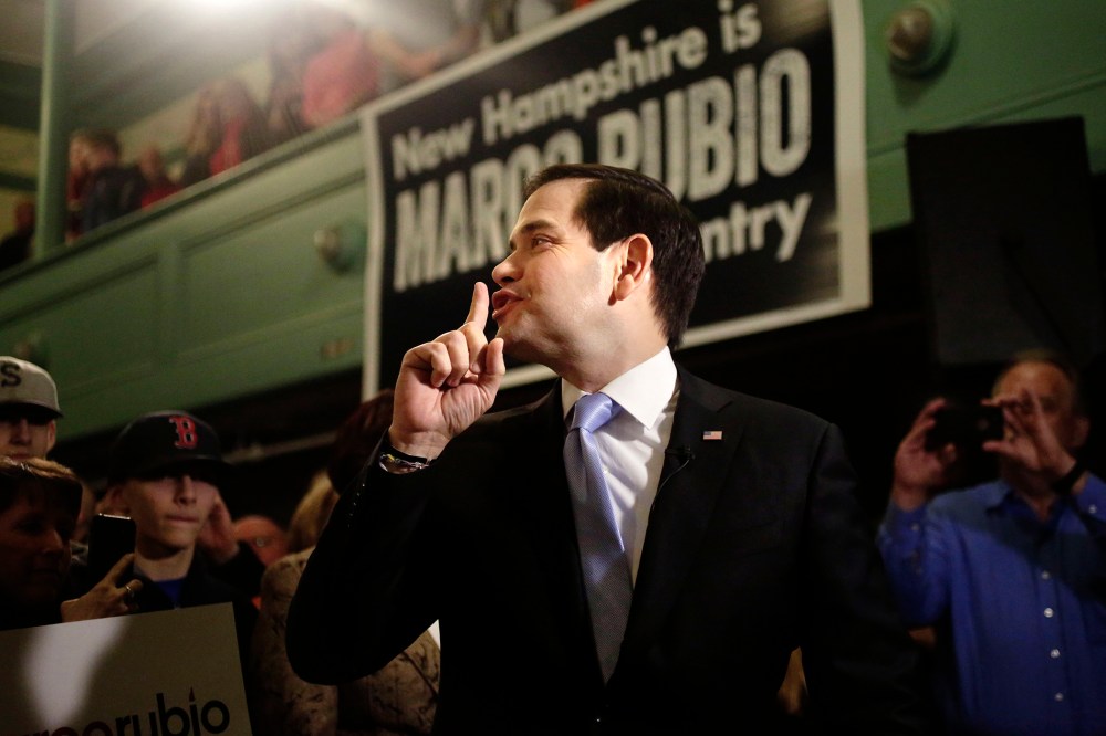 Republican presidential candidate, Sen. Marco Rubio, R-Fla., gestures toward the audience before a television interview before a campaign event, Feb. 2, 2016, at the town hall, in Exeter, N.H. (Photo by Steven Senne/AP)